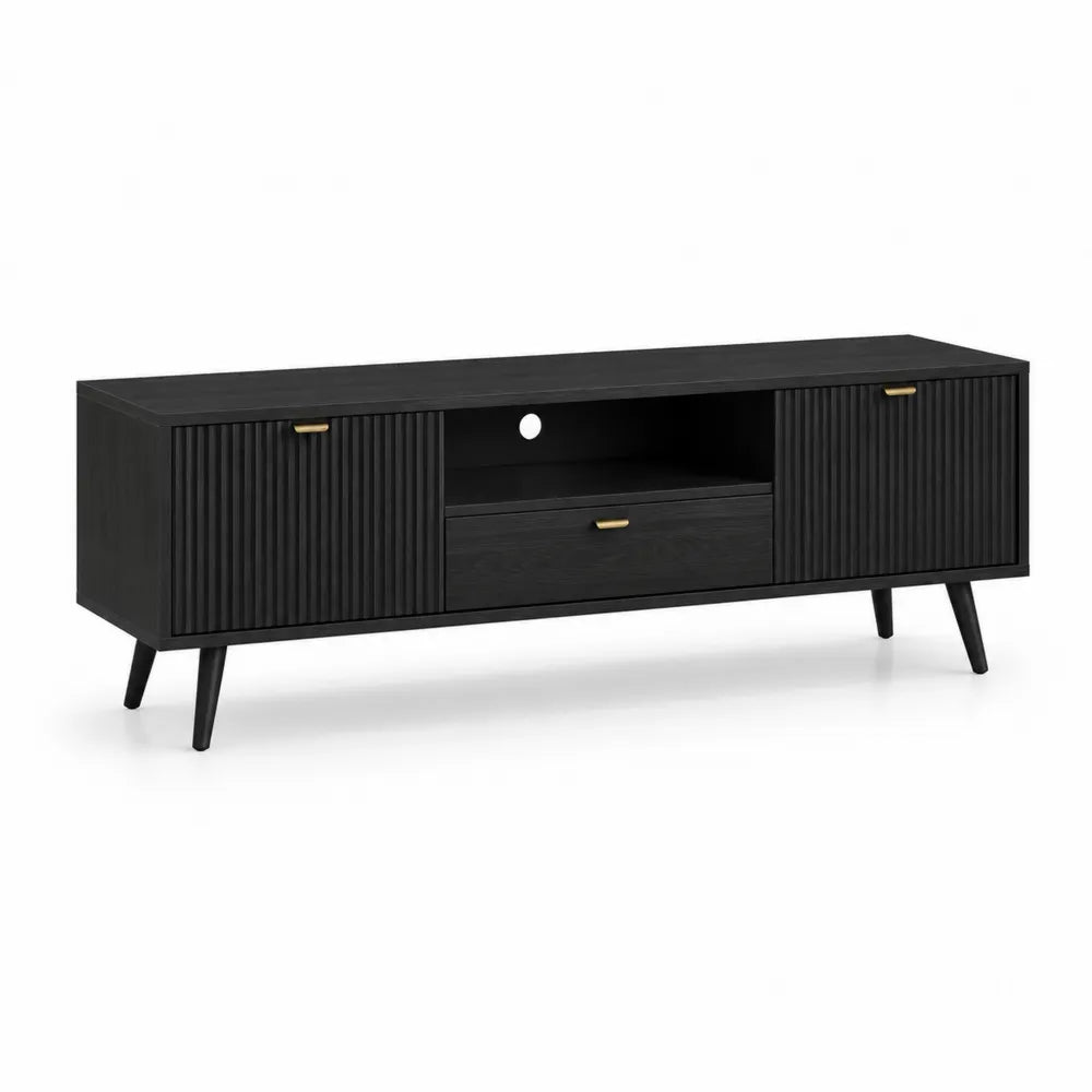 TV Lowboard 160 x 40 x 50 cm MDF Schwarz Holzwerkstoff Lamellenfront 2 Türen 1 Schublade offenes Fach rechteckig
