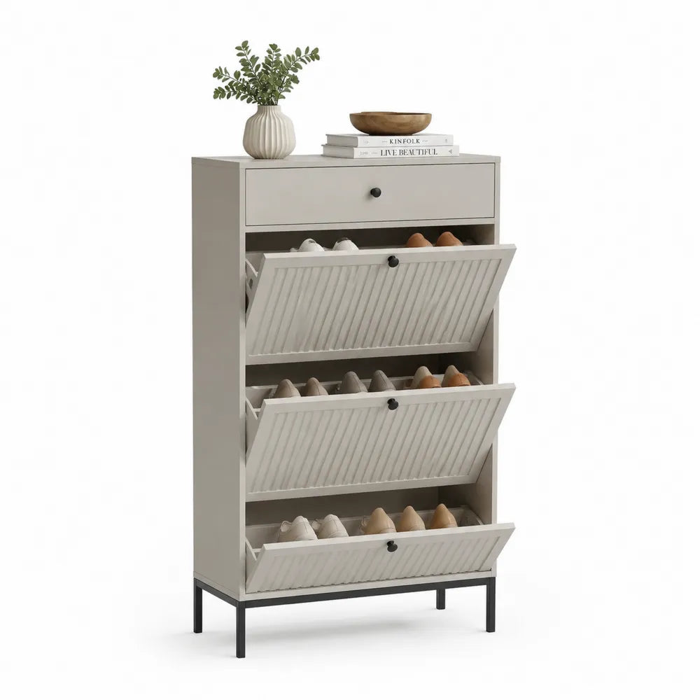 Schuhschrank 80 x 24 x 120 cm MDF Holzwerkstoff Beige Schwarz Metallbeine 3 Klappfächer 1 Schublade