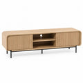 TV-Möbel Lowboard Schiebetüren Rillenfront MDF Eiche Dekor Metallbeine 180 x 40 x 50 cm Hellbraun Schwarz