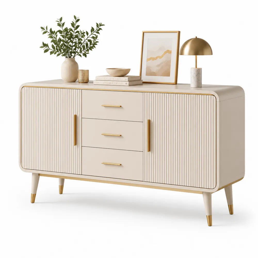 Sideboard Kommode 2 Türen 3 Schubladen MDF Holzwerkstoff Cremeweiß Gold Naturholz 160 cm x 40 cm x 85 cm