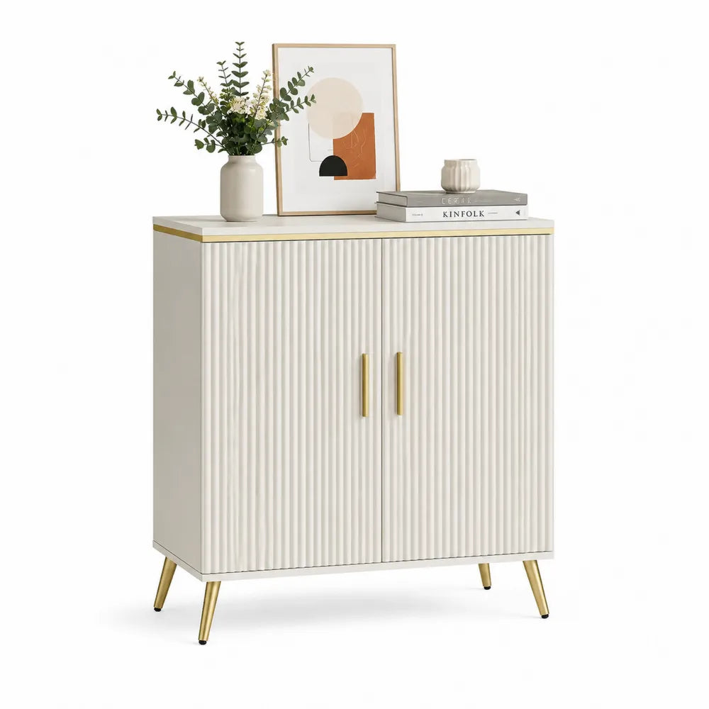 Sideboard Kommode 2 Türen MDF gerillte Front Cremeweiß Gold 80 cm x 40 cm x 85 cm