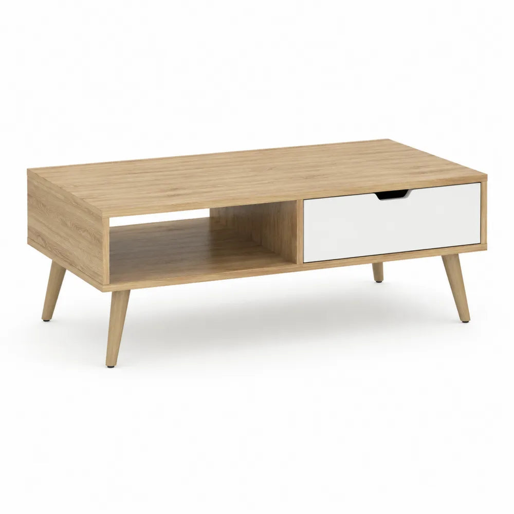 Couchtisch 110 x 55 x 40 cm Naturholz Weiß Rechteckig MDF Holzschublade Offenes Fach Holzbeine