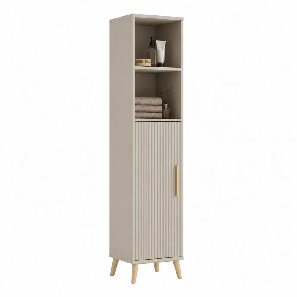 Badezimmer Hochschrank 170 cm x 35 cm x 32 cm Eiche Beige MDF mit offenen Fächern und Tür Lamellenoptik Holzbeine