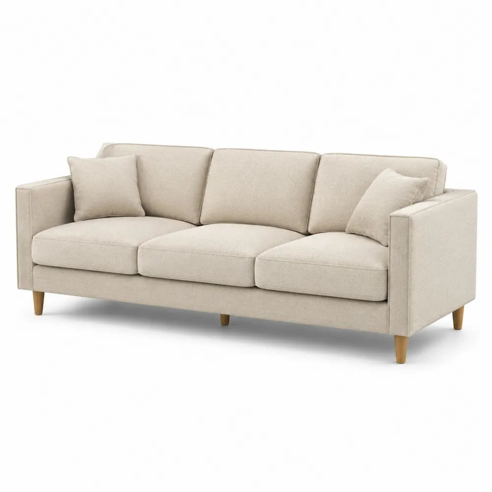 3-Sitzer Sofa Polstercouch Beige rechteckig mit Kissen und Holzbeinen