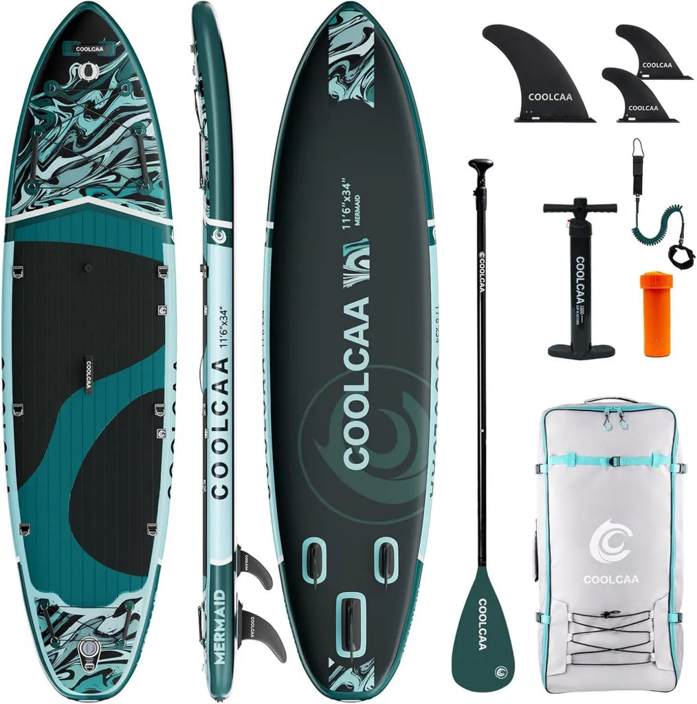 COOLCAA Aufblasbares SUP Board 355cm, Extra Breit 86cm, Stand Up Paddleboard Set mit Zubehör, Angeln & Tragetasche, Belastbar bis 222 kg