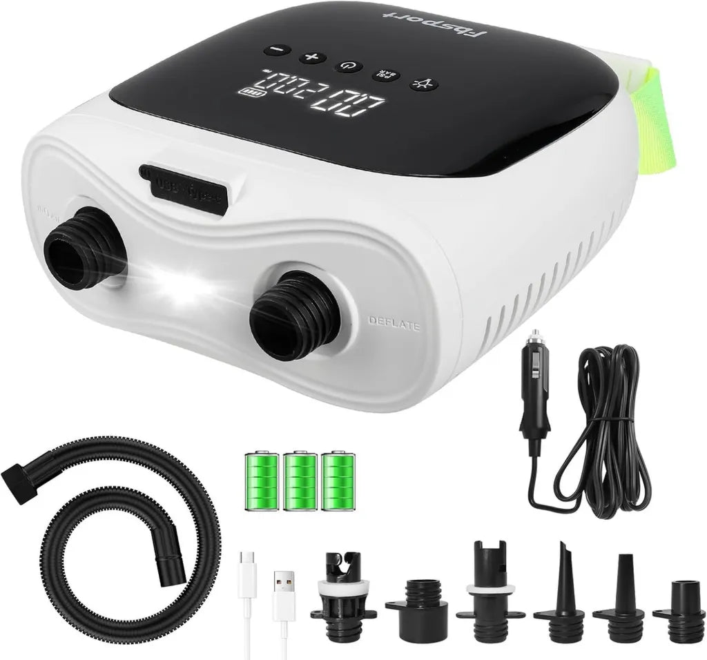Elektrische SUP-Luftpumpe mit Akku, 20 PSI, Wiederaufladbar, Auto-Abschaltung, 2-Stufen Aufblasen/Entleeren, LCD-Anzeige, für Paddle Boards, Kajaks, Luftmatratzen und Zelte