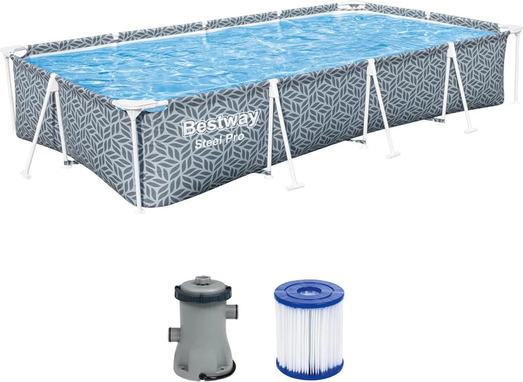 Bestway Stahlrahmenpool Set mit Filterpumpe, rechteckig, 366 x 201 x 66 cm, Blattmotiv