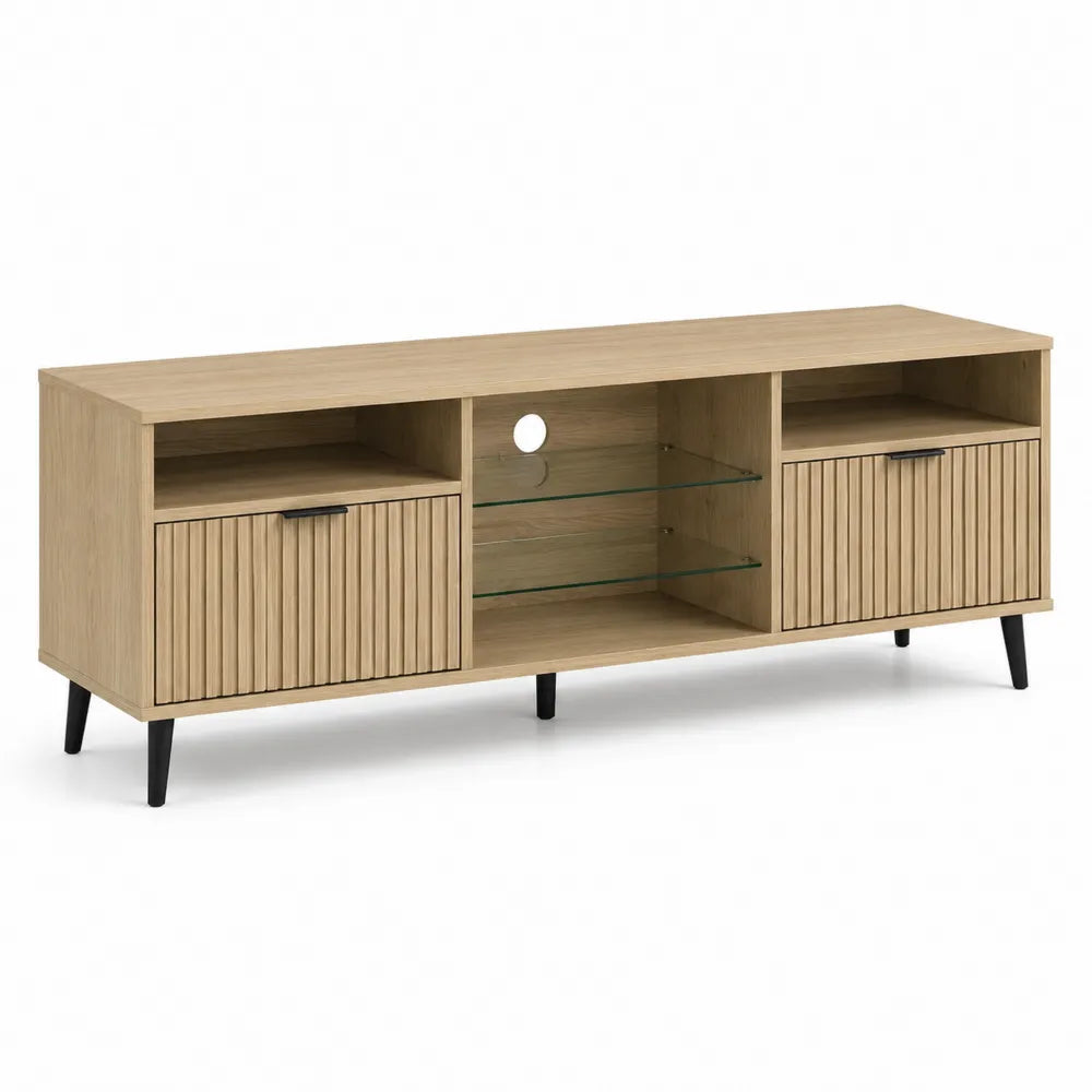 TV Möbel Lowboard 180 x 40 x 55 cm Eichenoptik Rechteckig MDF Naturholz Schwarz Glasablagen