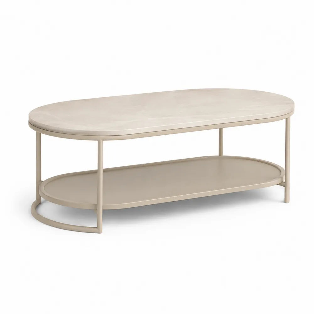 Couchtisch 120 cm x 60 cm x 45 cm Oval Beige Sinterstein MDF Stahlrahmen Zweistöckig mit Ablage