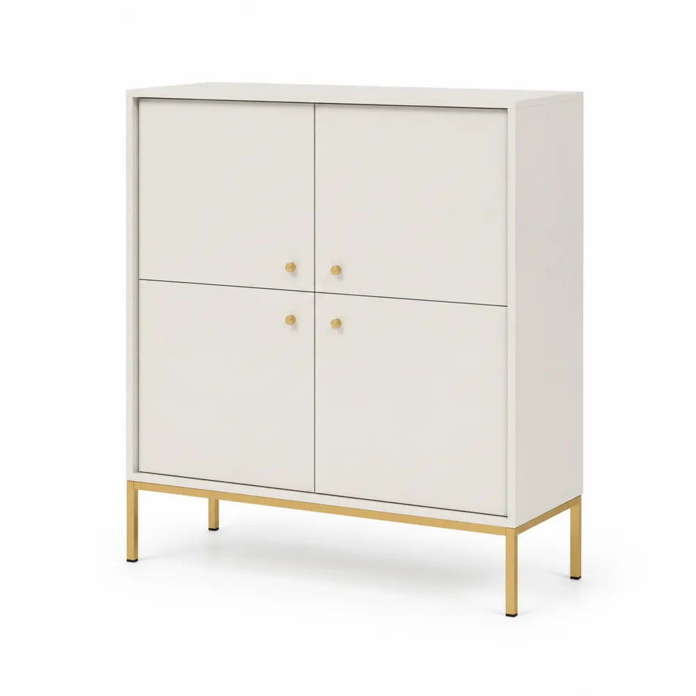 Sideboard 100 cm x 35 cm x 90 cm MDF Melamin 4 Türen Holzplatte Metallbeine Gold Cremeweiß Naturholzoptik