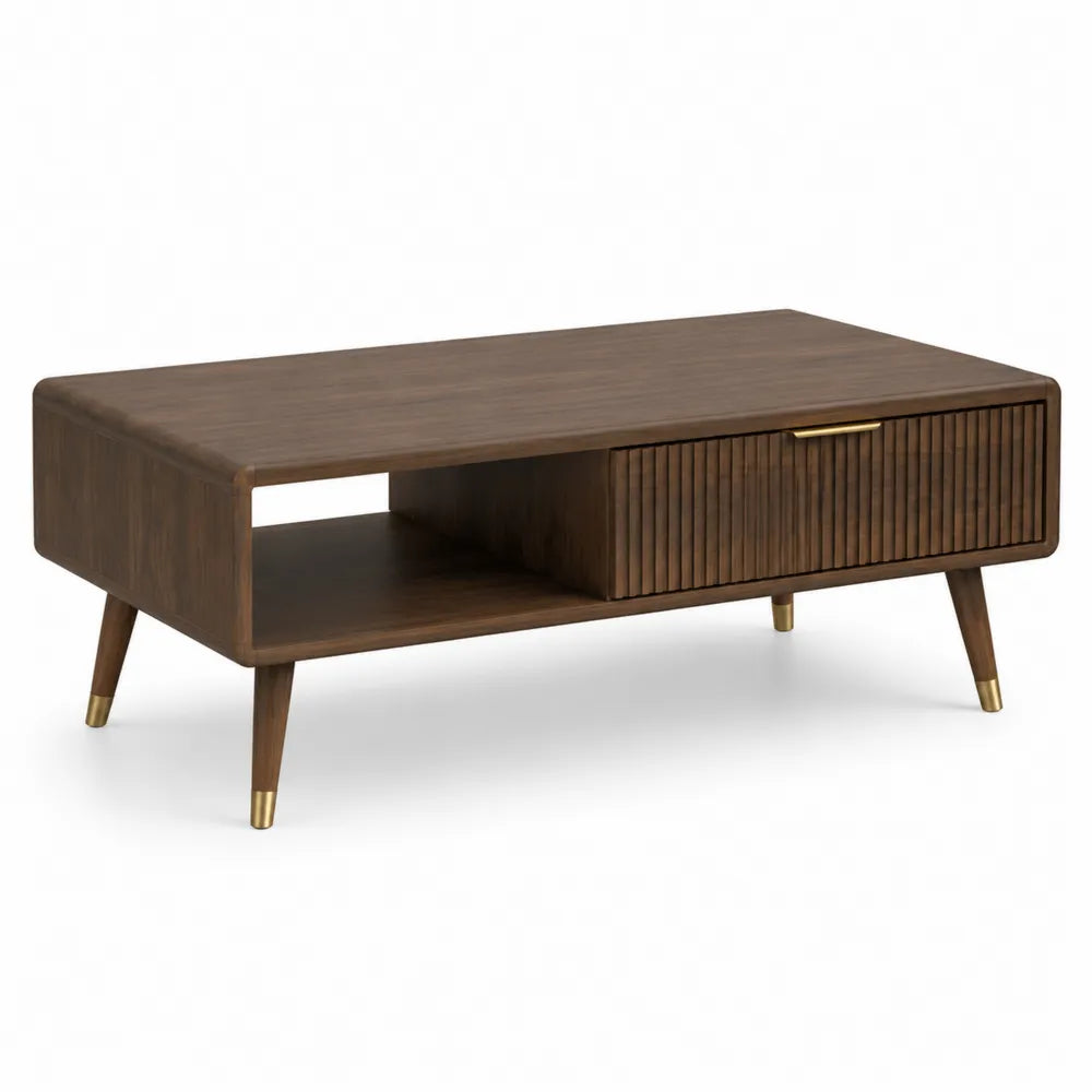Couchtisch 110 x 60 x 42 cm Holzwerkstoff Walnuss Dekor rechteckig Dunkelbraun mit Schublade Lamellenfront und offenem Fach Goldfarben