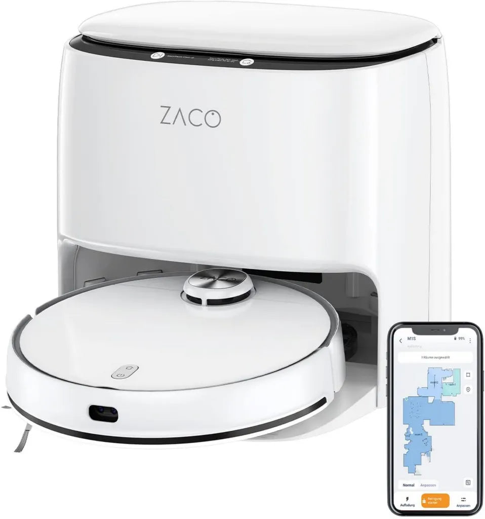 ZACO M1S Saug- und Wischroboter mit Selbstreinigungsstation, Laser-Navigation, Hinderniserkennung, 4L Wassertank, App-Steuerung, Kartierung, 180 Min Laufzeit, ideal für Parkett und Tierhaare