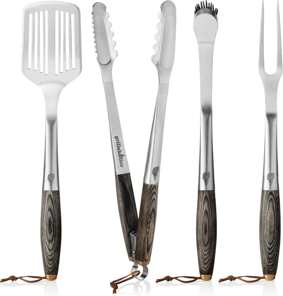Grillaholics Luxus BBQ-Grillset - Perfektes Geschenk für Vater - 4-teiliges Grillwerkzeug aus Holzbox