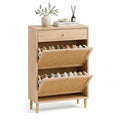 Schuhschrank mit 2 Klappfächern und Schublade Rattan Front Holzwerkstoff Natur Beige 60 x 24 x 120 cm Goldfarben