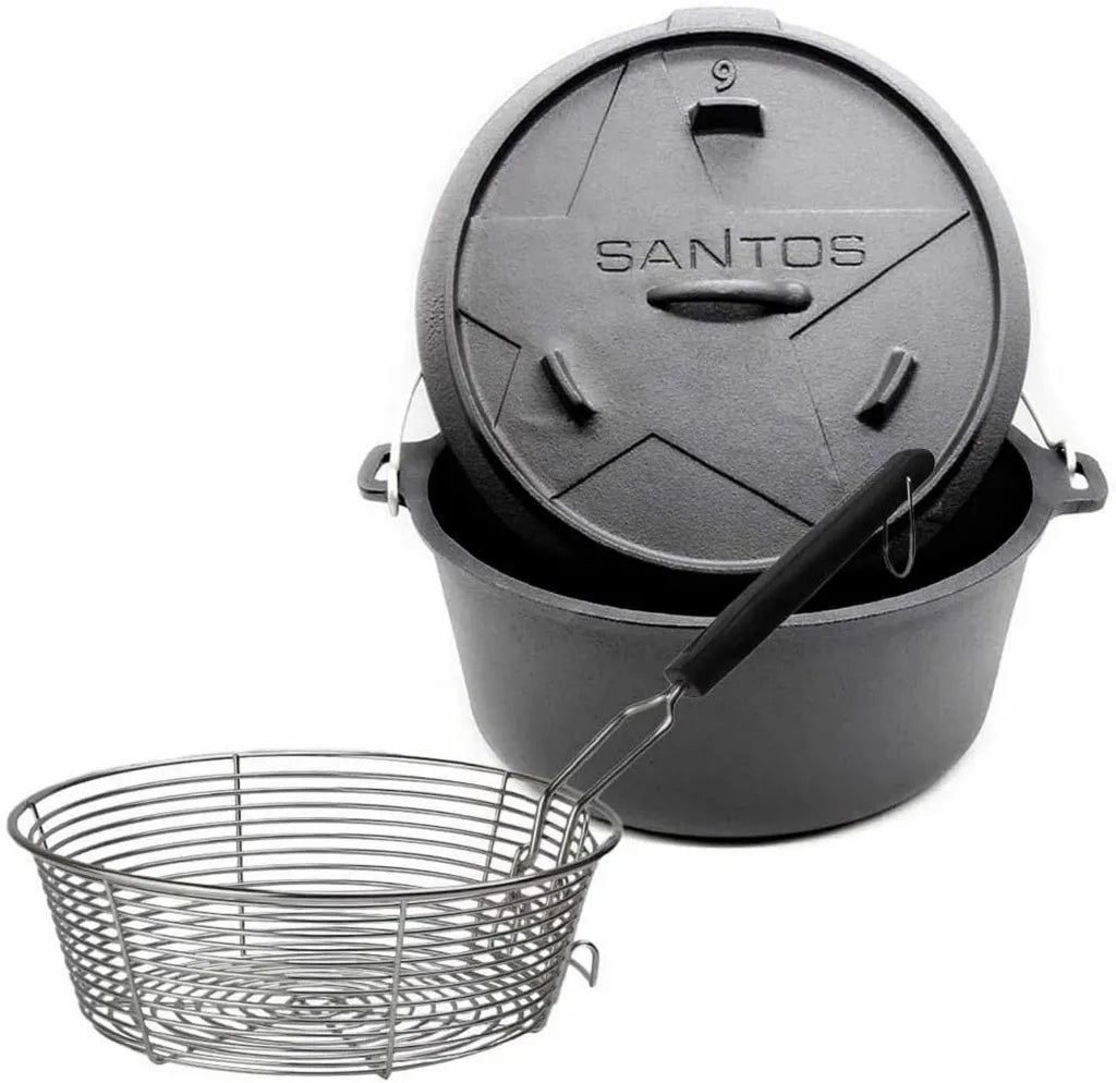SANTOS Gusseisen Feuertopf mit Deckel und Frittierkorb, 8,5L für Lagerfeuer und Grill