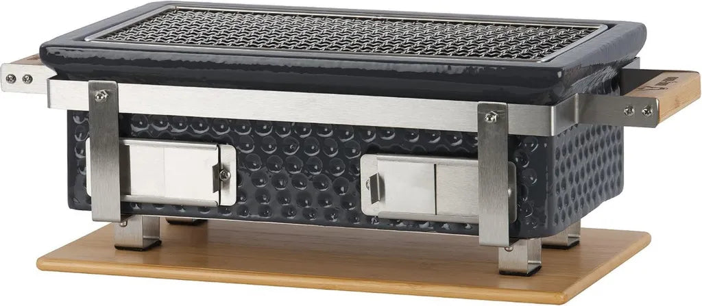 BBQ-Toro Hibachi Keramik Tischgrill mit Holzunterlage, Holzkohle, Grau, 50 x 23 x 17 cm