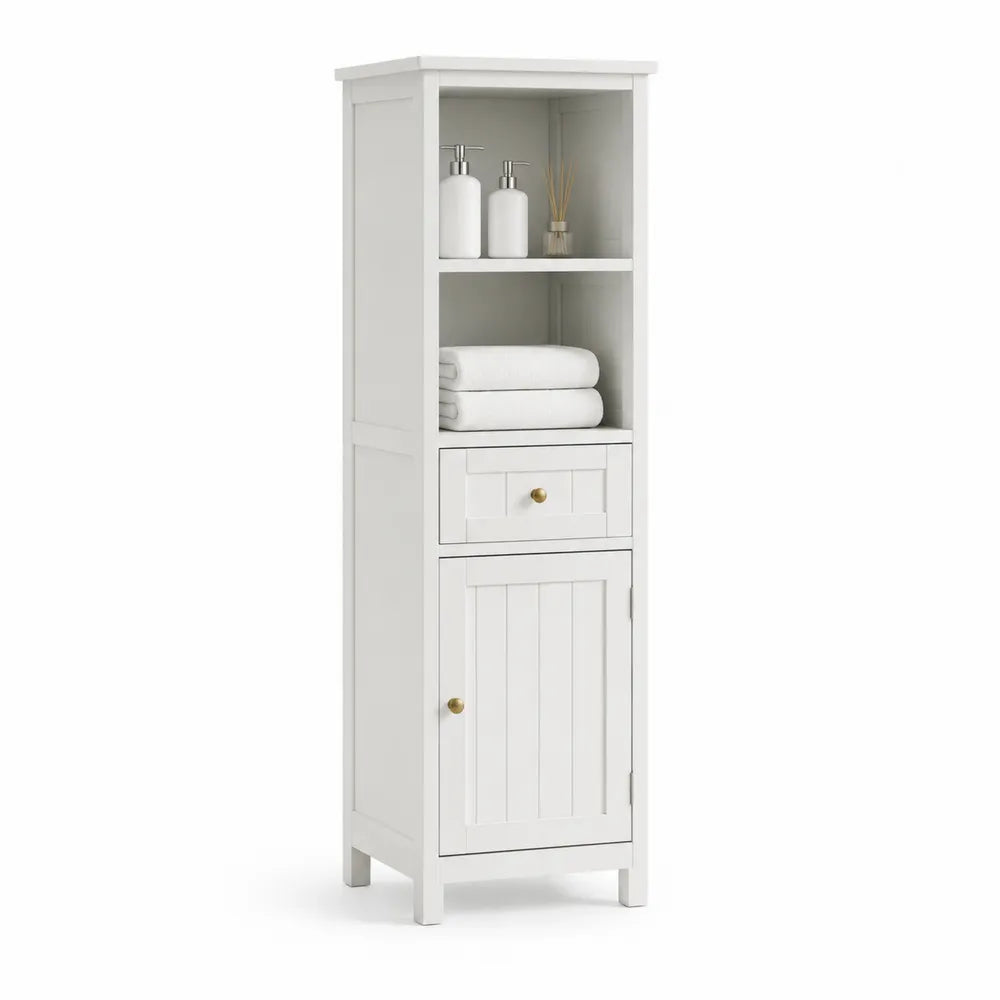 Hochschrank 35 x 30 x 180 cm Weiß Rechteckig MDF Offenes Fach Schublade Tür Goldgriff Badezimmer