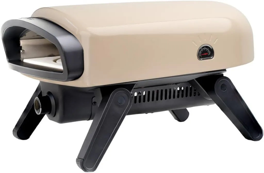 SANTOS Gas-Pizzaofen O-140 Beige mit Drehmotor, 4,7 kW, 360° Bräunung, Ø 35 cm Cordieritstein, bis 500°C, klappbar für Außenbereich
