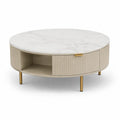 Couchtisch rund 80 x 80 x 40 cm Cremebeige Marmoroptik Sinterstein MDF Schublade offenes Fach Goldfüße
