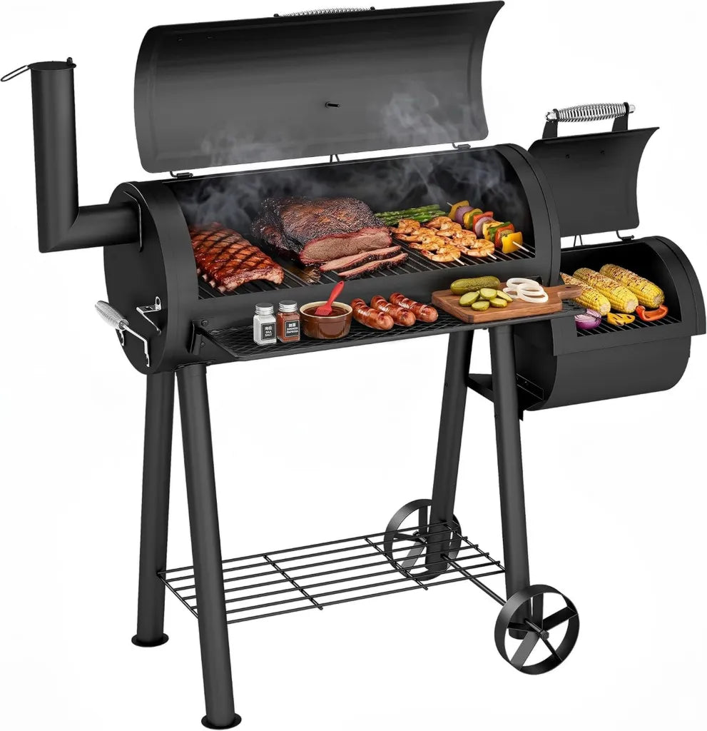 Robuster Holzkohlegrill mit Seitensmoker für Outdoor BBQ, 512 Quadratzoll