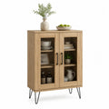 Vitrinenschrank Sideboard 80 cm x 40 cm x 120 cm Holzwerkstoff mit 2 Glastüren Eiche natur Schwarz Metallbeine
