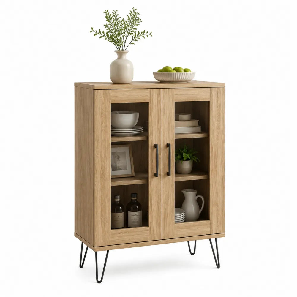 Vitrinenschrank Sideboard 80 cm x 40 cm x 120 cm Holzwerkstoff mit 2 Glastüren Eiche natur Schwarz Metallbeine