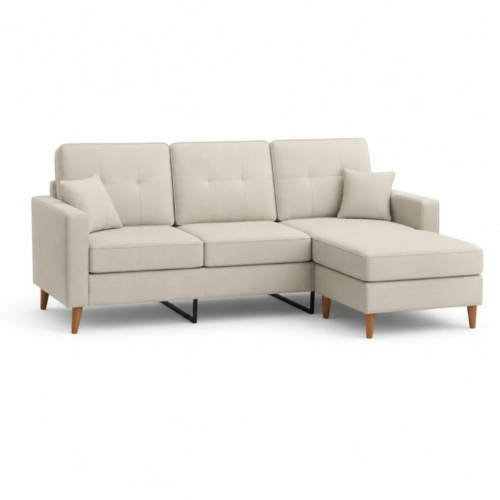 Ecksofa mit Ottomane rechts 230 x 150 x 85 cm Stoff Beige Holzfüße rechteckige Form