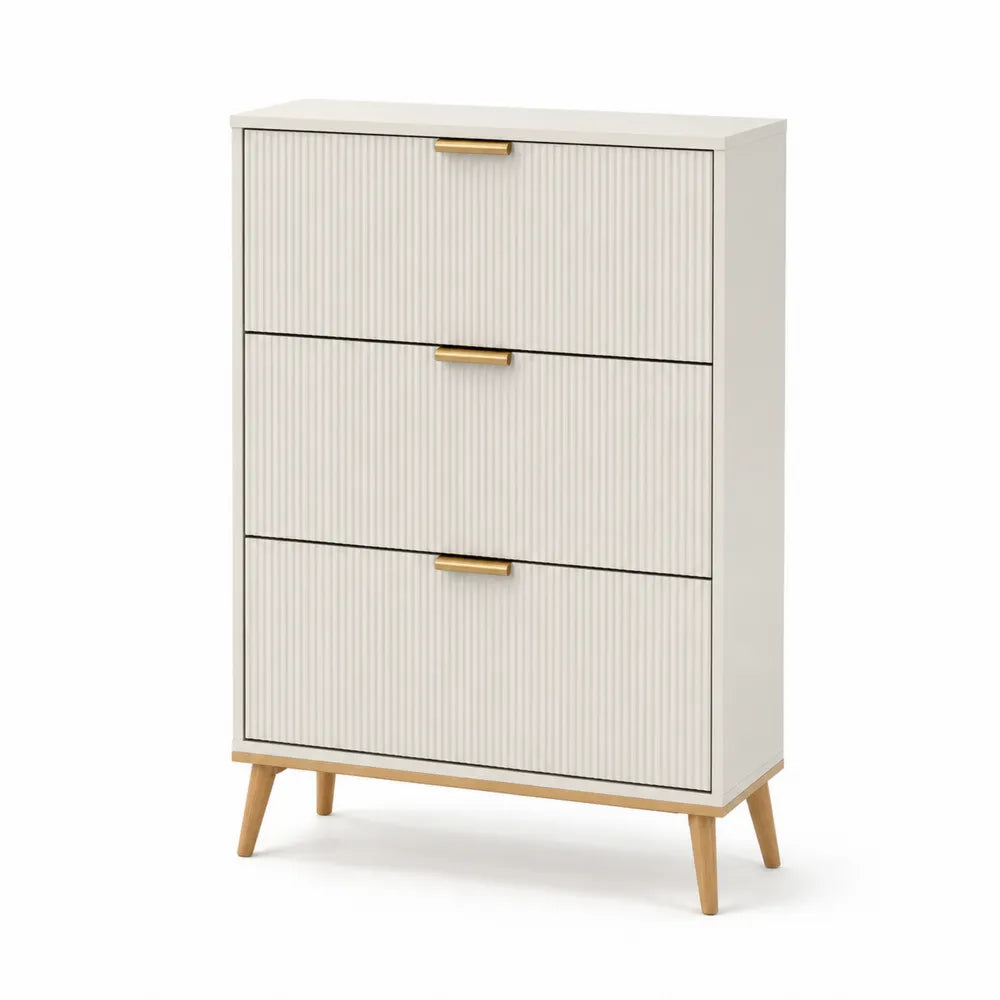Schuhschrank 80 x 24 x 120 cm MDF Holzwerkstoff Cremeweiß Eiche hell rechteckig 3 Klappen 1 Schublade Holzbeine Goldgriffe