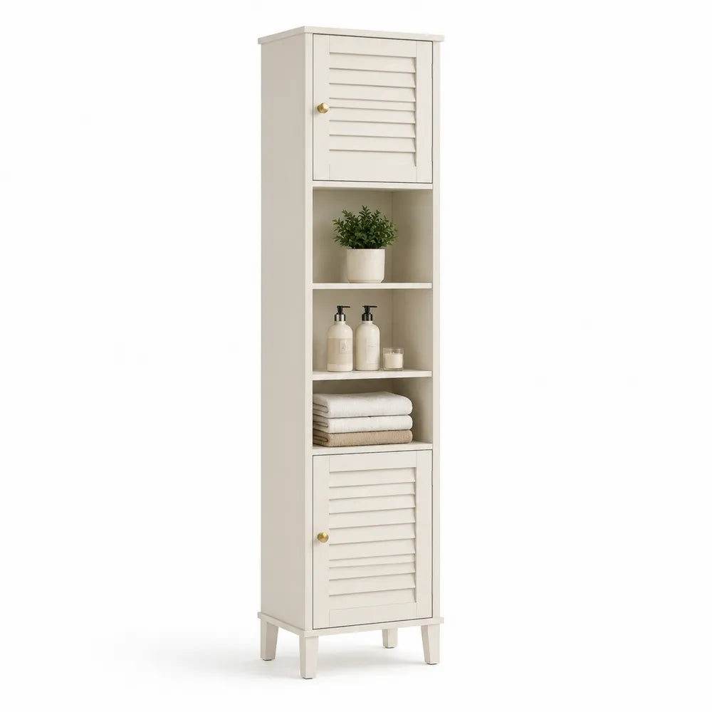 Hochschrank 35 x 30 x 170 cm MDF Spanplatte Cremeweiß mit Lamellentüren offenen Fächern und Goldfarbenen Griffen