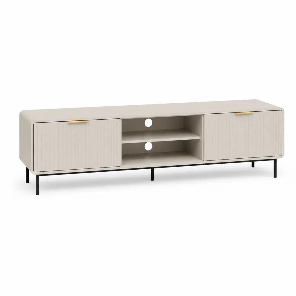 TV Lowboard 180 cm x 40 cm x 48 cm Cremeweiß Beige Schwarz Metallbeine MDF Spanplatte Rechteckig Lamellenfront mit 2 Türen offenen Fächern