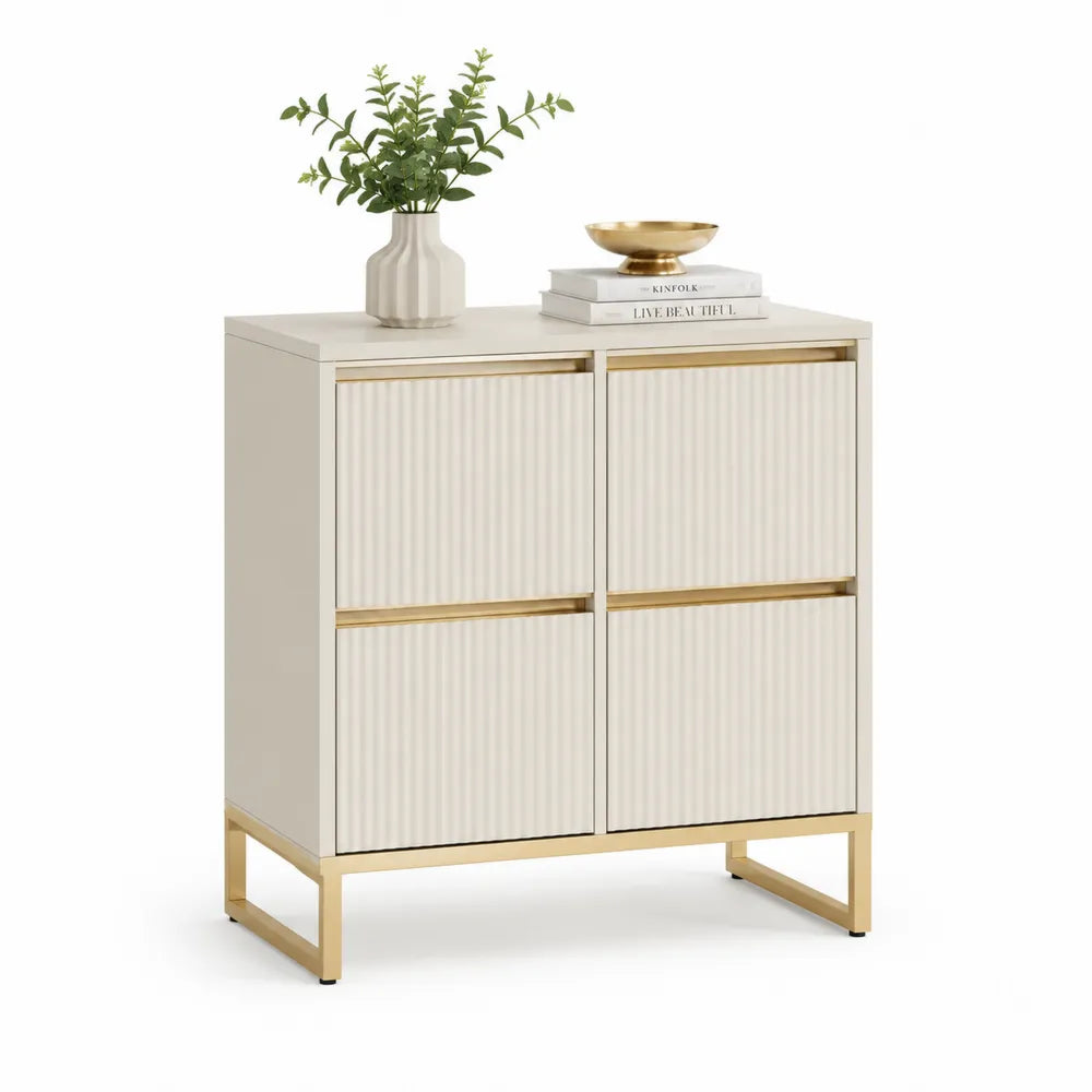 Sideboard 100 cm x 35 cm x 90 cm MDF Lamellentüren 4 Türen geriffelte Front Cremeweiß Gold rechteckig Metallgestell