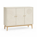 Sideboard Kommode 3 Türen rechteckig MDF Melamin Wellenstruktur Kreisrelief Cremeweiß Naturholz Gold 120 cm x 40 cm x 85 cm