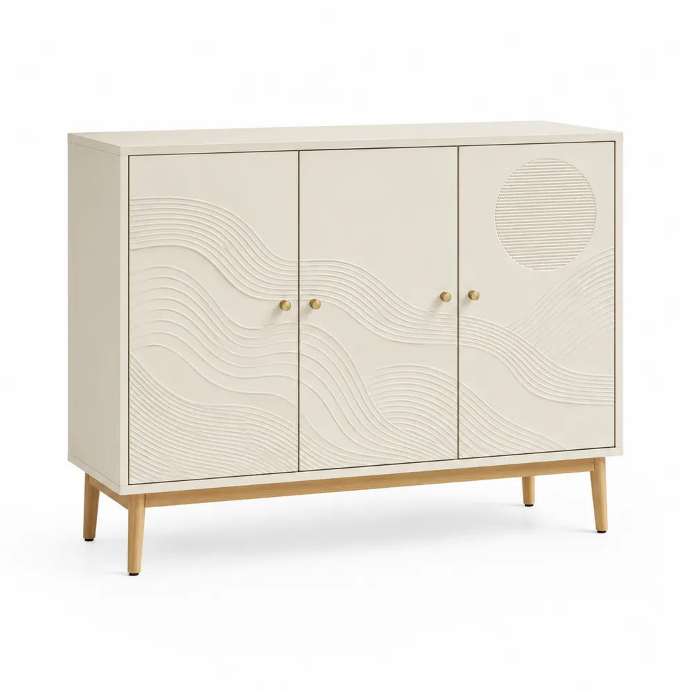 Sideboard Kommode 3 Türen rechteckig MDF Melamin Wellenstruktur Kreisrelief Cremeweiß Naturholz Gold 120 cm x 40 cm x 85 cm