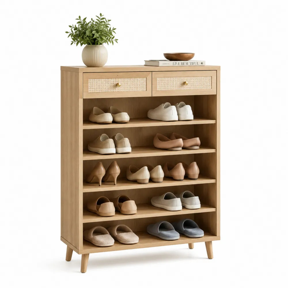 Schuhschrank 80 x 30 x 120 cm Naturholz Rechteckig MDF Rattanoptik 2 Schubladen Offene Schuhfächer Holzbeine