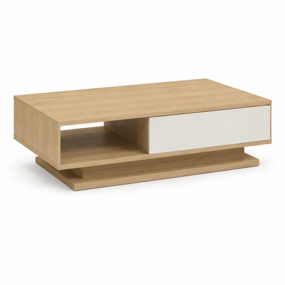 Couchtisch 120 x 60 x 38 cm Eichenoptik Rechteckig MDF Weiß Schublade Offenes Fach Sockel