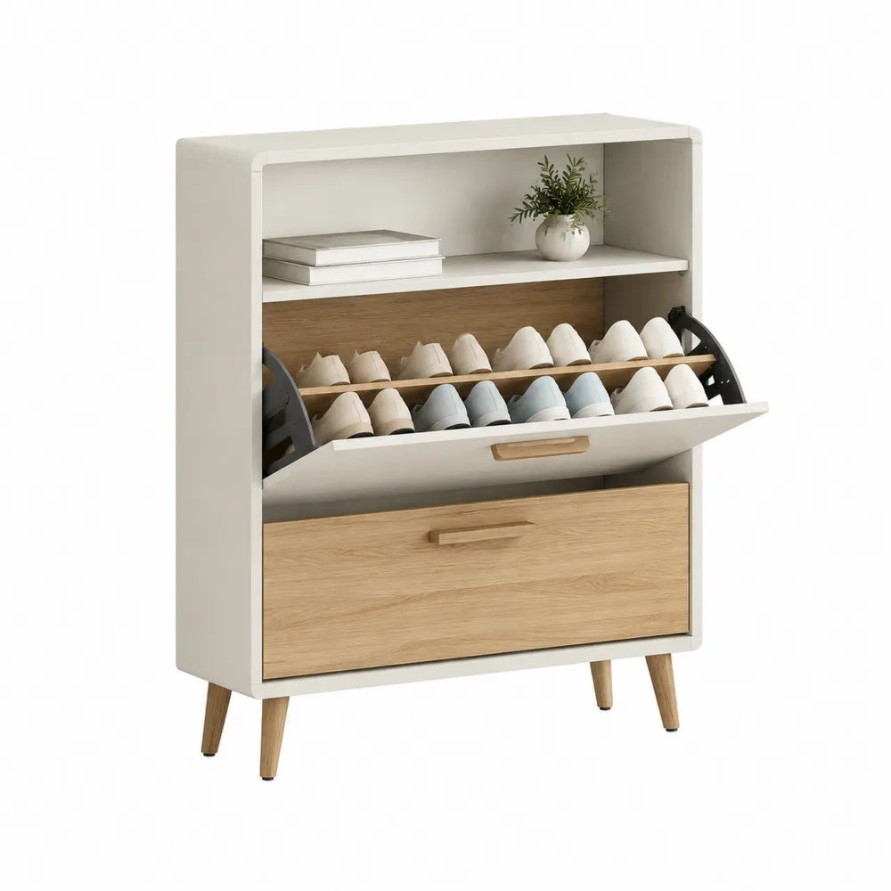 Schuhschrank 100 cm x 24 cm x 110 cm Creme Eiche MDF mit Klappfach und Schublade Holzbeine