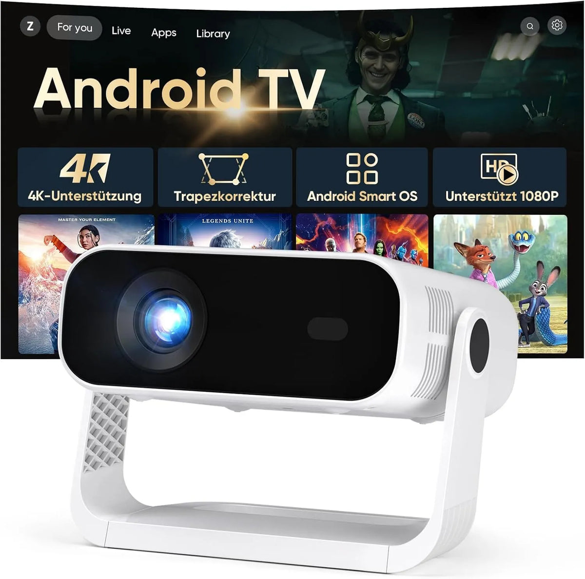 Projektor 1080P 4K-Dekodierung, WLAN, Android OS, 4K UHD, HDMI, Beamer, WiFi6 & BT5, Android 14, Automatische Trapezkorrektur