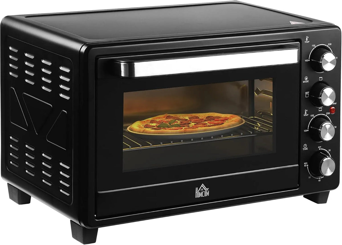 Backofen, 32 L, 1600 W, 100 bis 230 °C, HOMCOM, kompakt, Edelstahl, Schwarz, HOMCOM Mini Backofen 32L 100 °C-230 °C 1600 W 3 Kochmodi Edelstahl