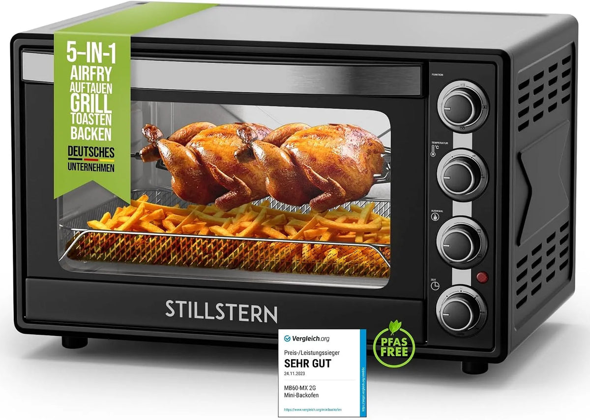 Elektrischer Pizzaofen, 60 L, Timer, Grill, kompakt, Camping, Antihaftbeschichtung, Auftaufunktion, Pizza Ø40, Stillstern Minibackofen mit Umluft 60L