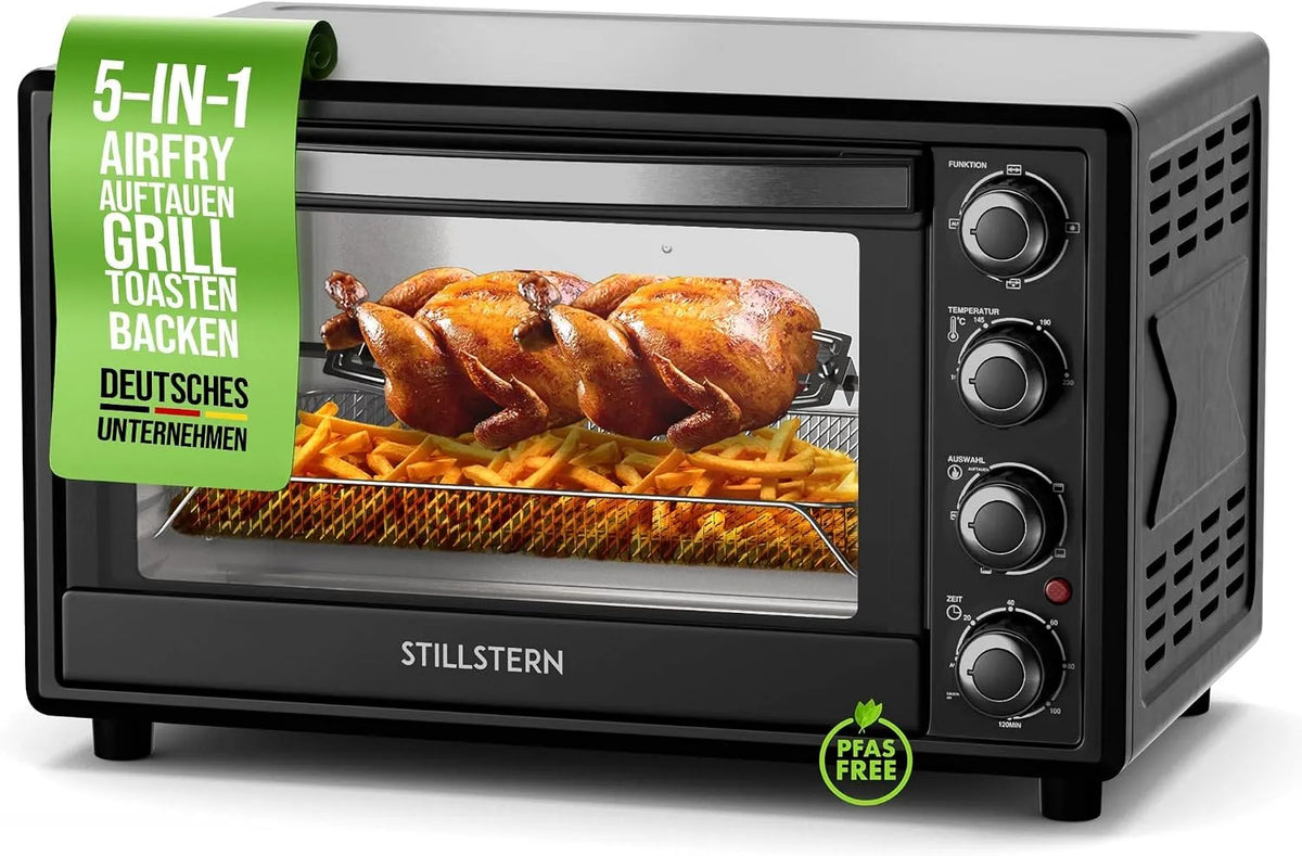 Elektrischer Pizzaofen, 35 L, Timer, Grill, kompakt, Camping, Antihaftbeschichtung, Auftaufunktion, Pizza Ø28, Stillstern Minibackofen mit Umluft 35L