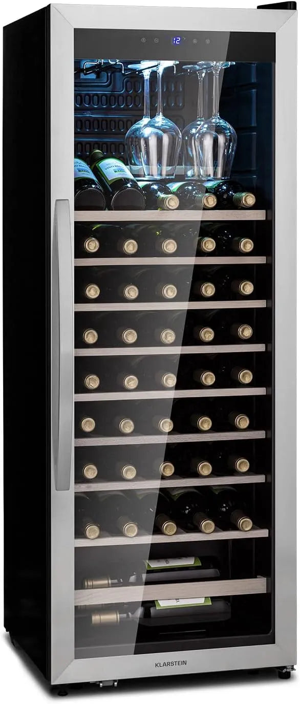 Klarstein Weinkühlschrank, 46 Flaschen, 4 bis 18 °C, Glas, schmal, freistehend, Weinkühlschrank Klein, Weinkühlschränke 1 Zonen, Getränkekühlschränke