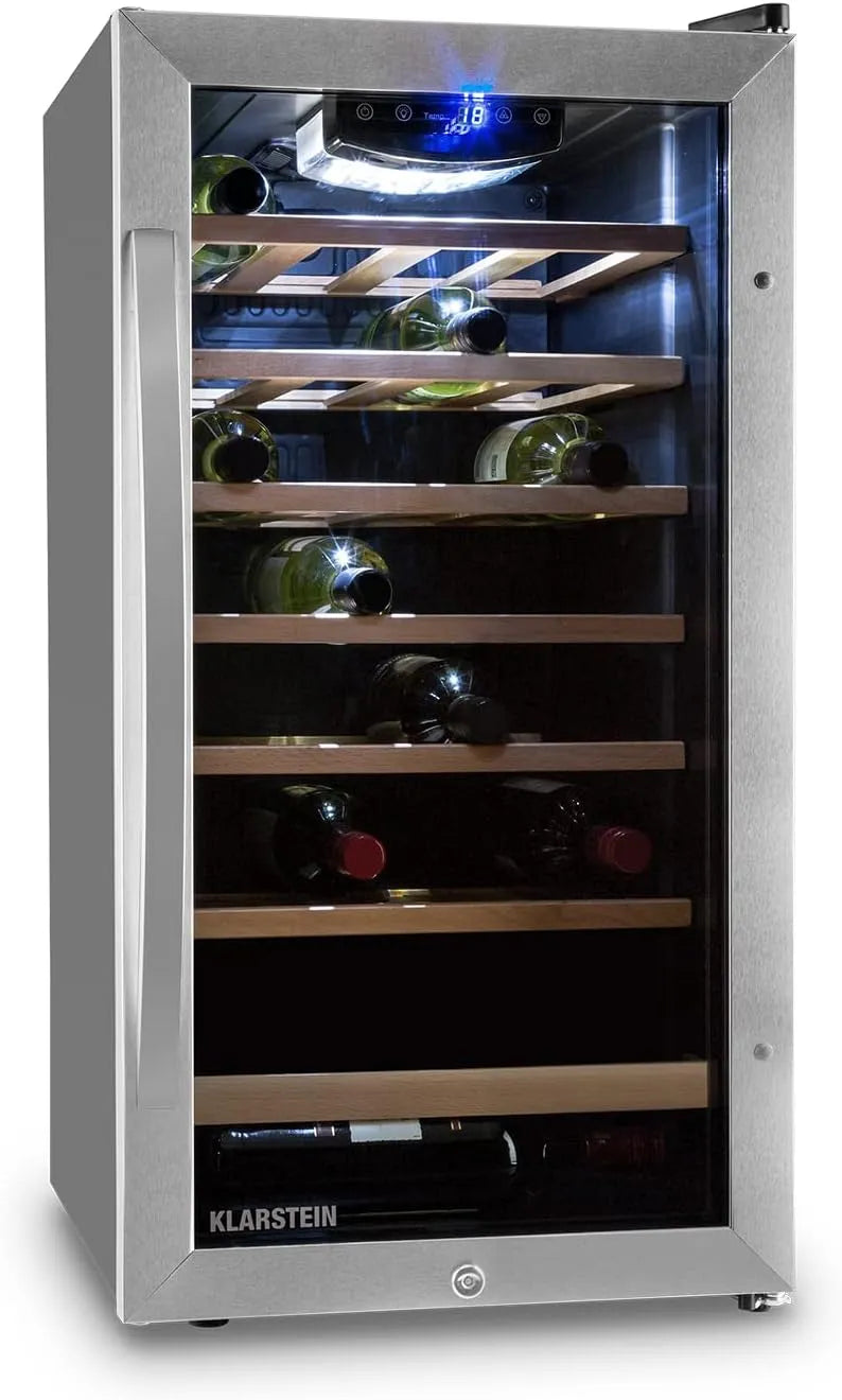 Klarstein Beverage cooler, Vivo Wine 26 Wine Cellar, 26 bottles, 88 L, LED, temperature control, Interchangeable hinge, Door on both sides, stainless